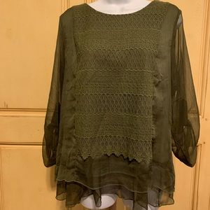 Boho olive green shirt with sheer sleeves
